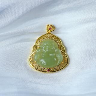 品饰匠和田玉弥勒佛镀银托镶嵌款吊坠 女款玉石佛公挂坠 约25*25mm左